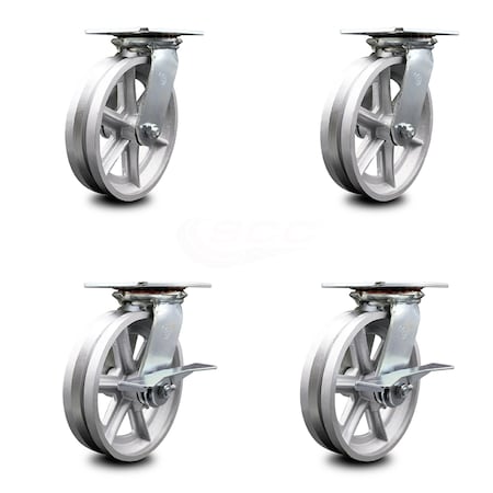 Service Caster 8 Inch V Groove Semi Steel Swivel Caster Set with Roller Bearings 2 Brakes SCC SCC-35S820-VGR-2-SLB-2